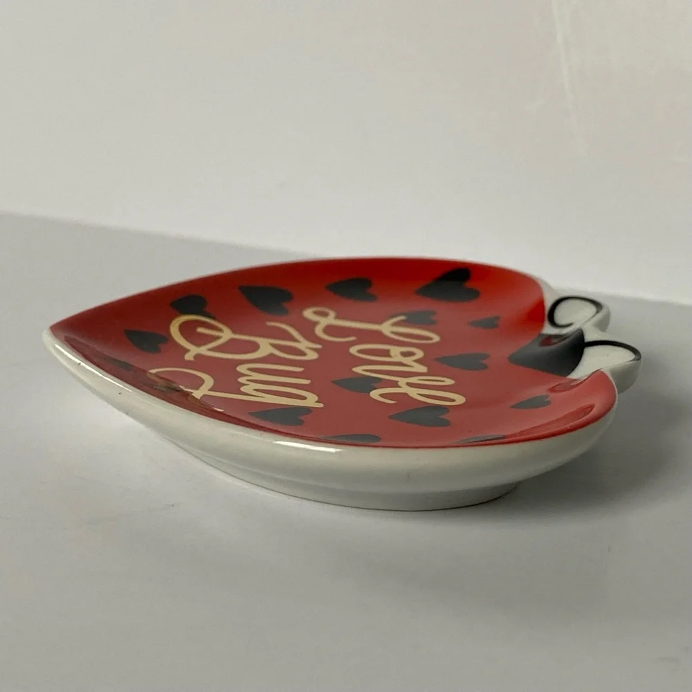 Ladybug Trinket Dish Ceramic Red Heart Valentines Decor 4” Love Bug Paper Source